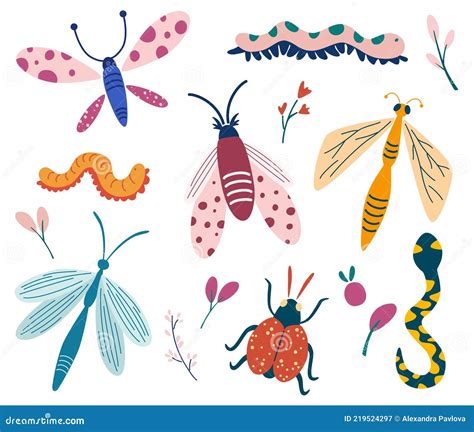 Big Set Of Doodle Insects Beetle Butterfly Moth Worm Dragonfly