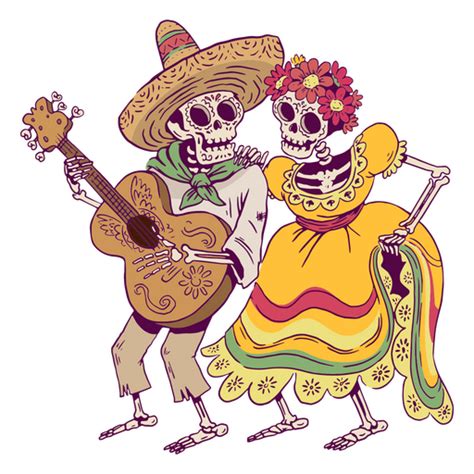 Day Of The Dead Skeleton Couple With Guitar Illustration PNG & SVG ...