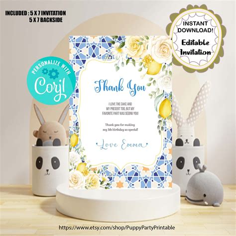 Editable Lemon Thank You Card Lemon Birthday Note Card Lemon Party