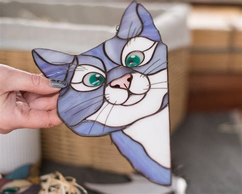 Peeking Cat Stained Glass Suncatcher Cat Lover T Stained Etsy