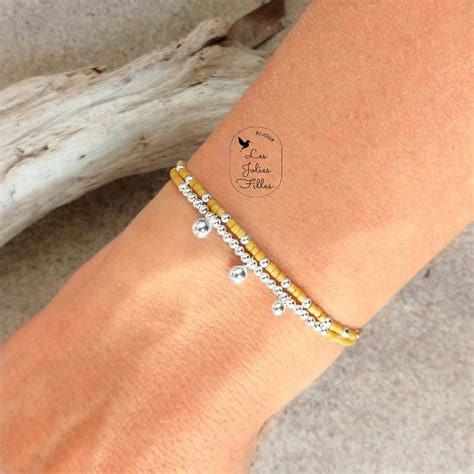 Bracelet Double Tour Lumineuse Argent Lastique Jaune Ocre Bijoux