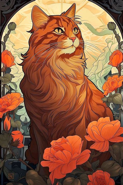 An Orange Cat Sitting In Front Of A Stained Glass Window With Roses On