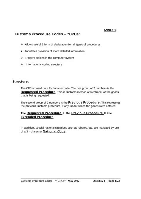 Pdf Customs Procedure Codes Burs Procedure Codes ”cpcs” May 2002