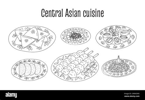 Central Asian Food Cuisine Dishes Vector Set Stock Vector Image And Art Alamy