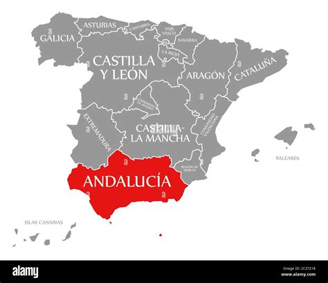 Andalucia resaltada en rojo en el mapa de España Fotografía de stock ...