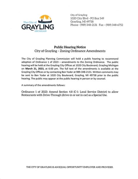 Public Hearing Notice Zoning Ordinance Amendments City Of Grayling