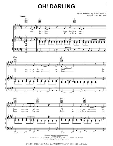 Oh Darling Piano Vocal Guitar Right Hand Melody Sheet Music