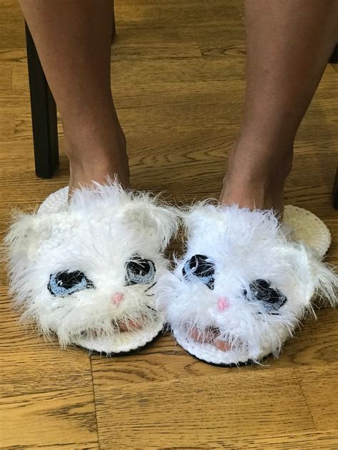 White Fluffy Cat Slippers Funny Slippers House Slippers Etsy