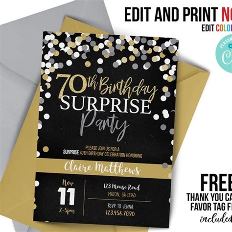 Gold Glitter 70th Birthday Invitation Editable Birthday Etsy