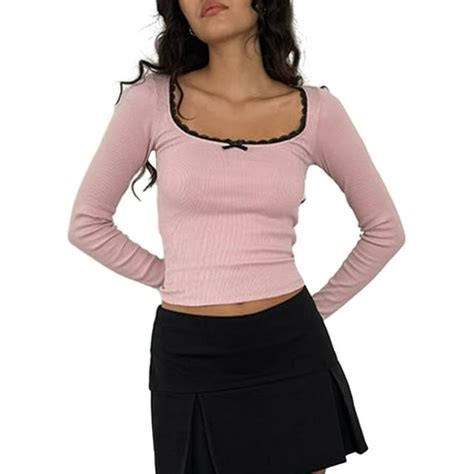 Caitzr Women Y2k Long Sleeve Square Neck Crop Tops Lace Trim Slim Fit T