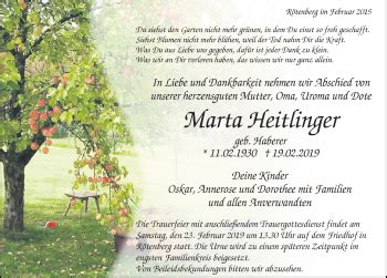 Traueranzeigen von Marta Heitlinger Schwarzwälder Bote Trauer