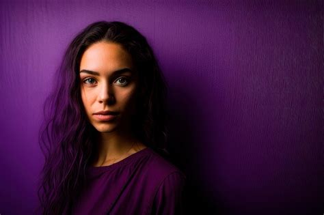 Una Mujer Con Una Camisa Morada Se Para Frente A Una Pared Morada