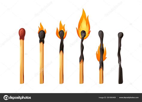 Burnt Match Stick Fire Set Matchsticks Sulfur Head Flaming Stages Stock