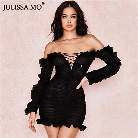 JULISSA MO Double Layers Mesh Bodycon Summer Dress Sexy Off Shoulder