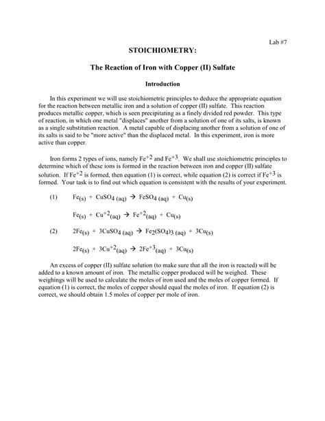 Stoichiometry The Reaction Of Iron With Copper Ii Sulfate Docslib