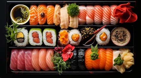 Premium AI Image Closeup Of A Beautifully Arranged Sushi Bento Box