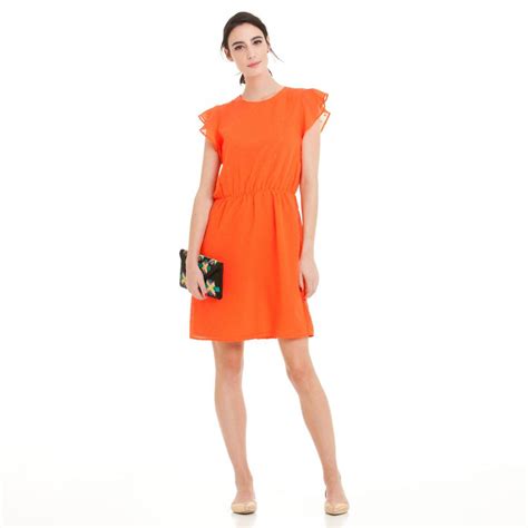 Robe Courte Manches Papillon Encolure Ronde Plumetis Femme Orange 3