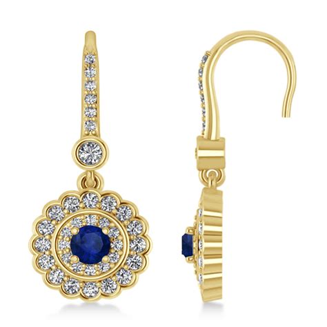 14k Yellow Gold Plated Round Cut Sapphire And Simulated Diamond Halo Drop Earrings Earrings