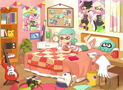 1girl N Ankle Boots Aori Splatoon Bag Bangs Barefoot Bed Bed Sheet