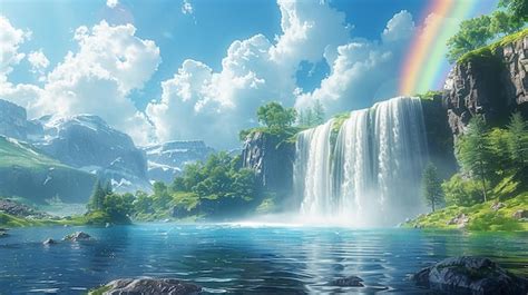 Premium Photo Clear Skies With A Rainbow Over Waterfall Wallpaper