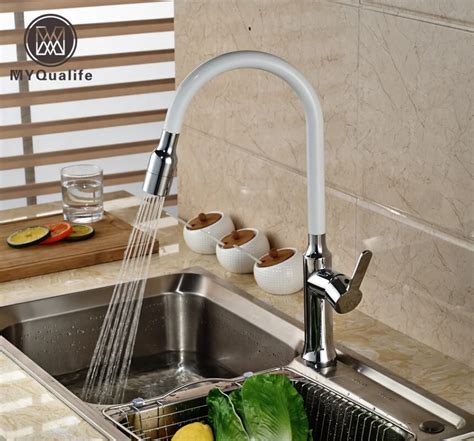 Chrome White Pull Out Sprayer Kitchen Sink Faucet Deck Mount Tall Rotation Mixer Taps Hot And