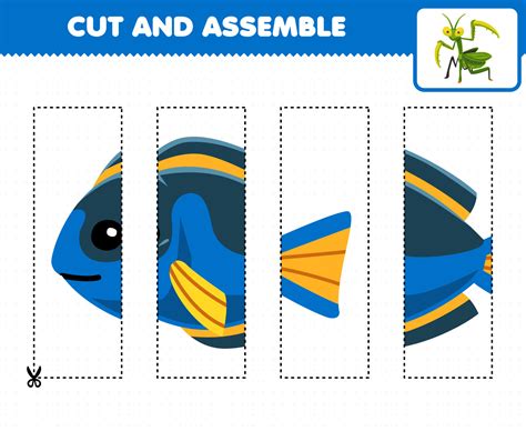 Education game for children cutting practice and assemble puzzle with cute cartoon fish ...