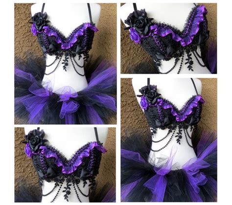 Black And Purple Rave Outfit Rave Bra Tutu Ruffle Pearls Goth