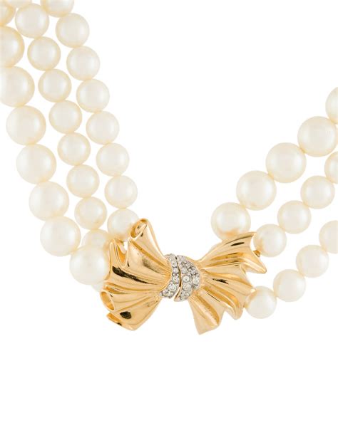 Givenchy Vintage Faux Pearl And Crystal Bow Multistrand Necklace Gold