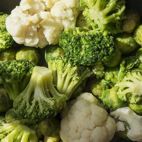 Close Up Of Raw Frozen Vegetables Cabbage Cauliflower Broccoli Brussels Sprouts Stock Image