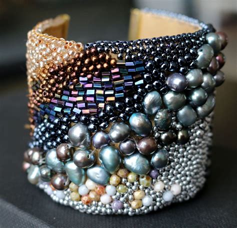 Bead Embroidered Cuff Bracelet In Silver Gold And Blue Pearl Etsy