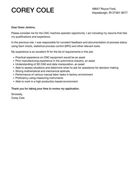 Cnc Machine Operator Cover Letter Velvet Jobs