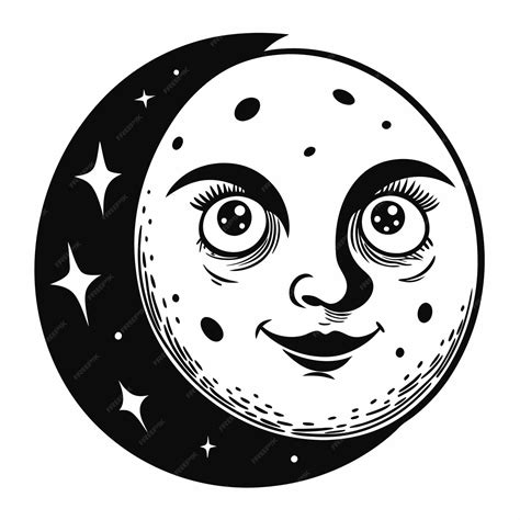 Whimsical Moon Illustration With Stars In Black And White Night Sky
