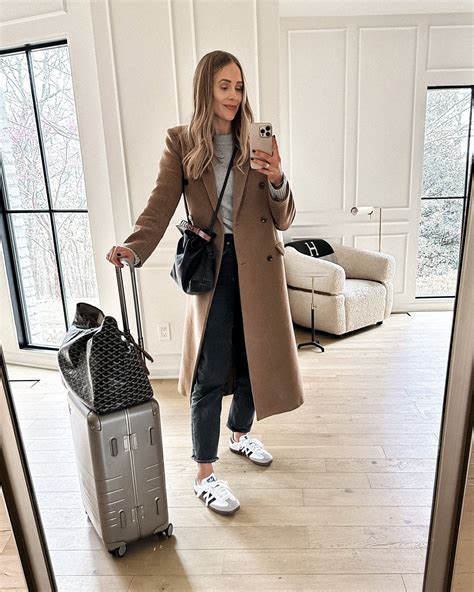 casual travel outfit, winter coat outfit, camel coat outfit, NYC travel ...