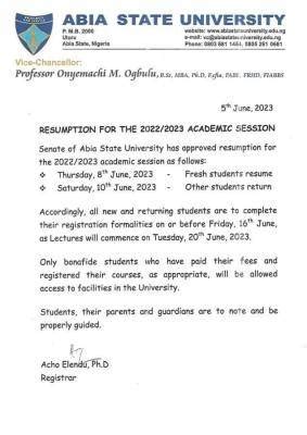 Absu Resumption For Session Myschool