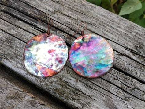 Flame Painted Copper Earrings Flame Coloured Hammered Circle Copper