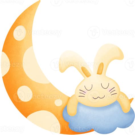 A Cartoon Rabbit Sleeping On A Cloud With A Moon Behind It Isolated On