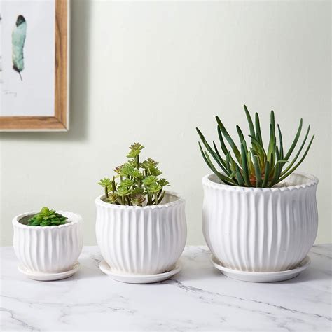 Myt Modern Fluted White Ceramic Indoor Plant Pot With Drainage Hole And Attached Saucer