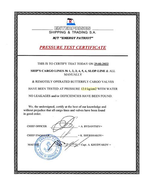 Cargo Line Pressure Test Certificate 29032022 Pdf