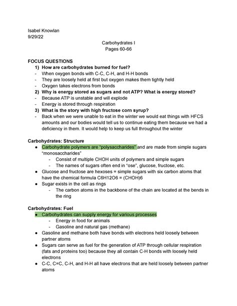 General Biology 1 Notes Isabel Knowlan 9 29 Carbohydrates I Pages 60 Focus Questions 1 How