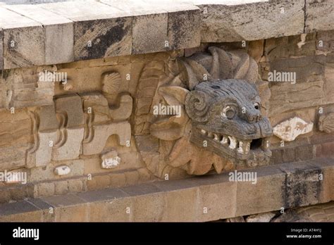 Quetzalcoatl Feathered Serpent Head Sculpture Carving In Its Temple