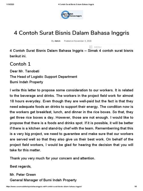 Contoh Surat Dinas Dalam Bahasa Inggris Contoh Surat Resmi