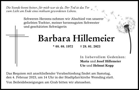 Traueranzeigen Von Barbara Hillemeier Augsburger Allgemeine Zeitung