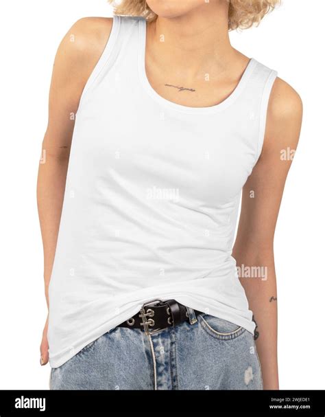 Woman Wearing White Tank Top White Background Mockup Blank Ready