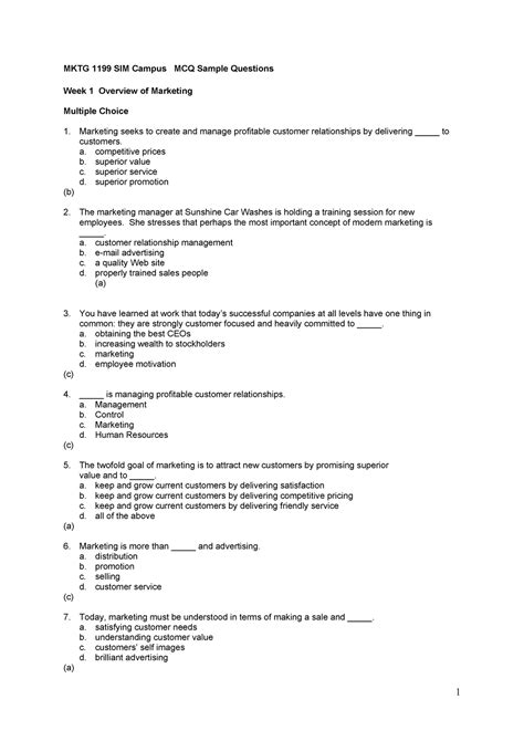 MKTG 1199 MCQ Practice Questions MKTG 1199 SIM Campus MCQ Sample