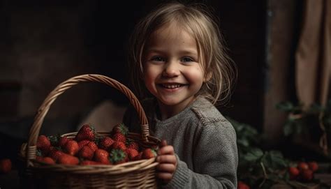 Jolie Fille Caucasienne Tenant Un Panier De Fraises Fraîches à L