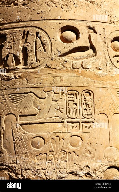 Column In Karnak Temple With Ancient Egypt Hieroglyphics Stock Photo