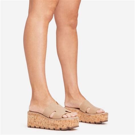 Mango Caged Strap Platform Cork Wedge Mule In Nude Faux Leather Ego