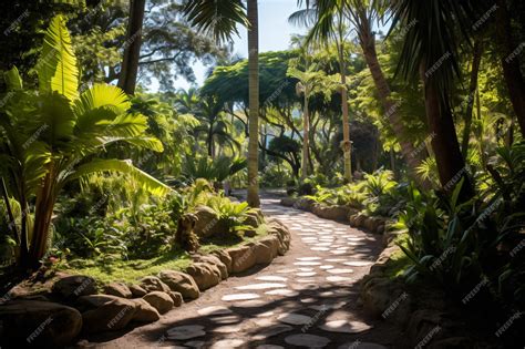 Premium AI Image | a pathway in a tropical garden with palm trees