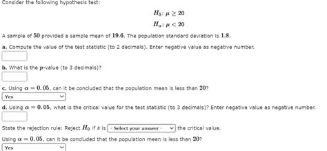 Solved Consider The Following Hypothesis Test Ho U 20