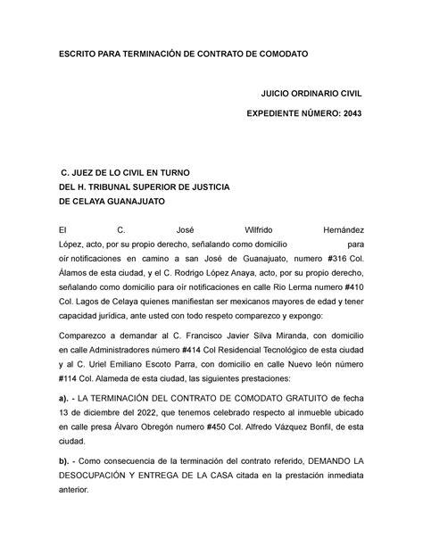 Demanda Comodato Escrito Para Terminaci N De Contrato De Comodato